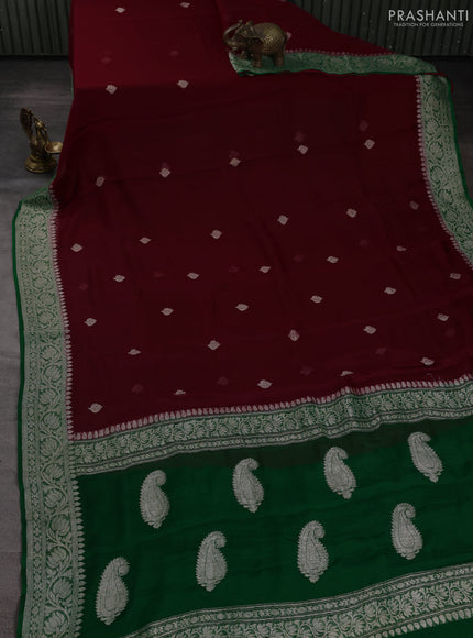 Banarasi chiffon saree maroon and green with allover silver zari woven buttas and silver zari woven floral border