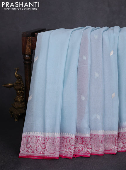Banarasi chiffon saree pastel blue and pink with allover silver zari woven buttas and silver zari woven floral border
