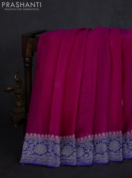 Banarasi chiffon saree pink and royal blue with allover silver zari woven buttas and silver zari woven floral border