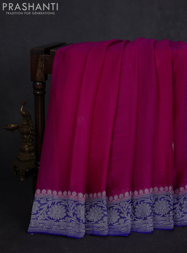 Banarasi chiffon saree pink and royal blue with allover silver zari woven buttas and silver zari woven floral border