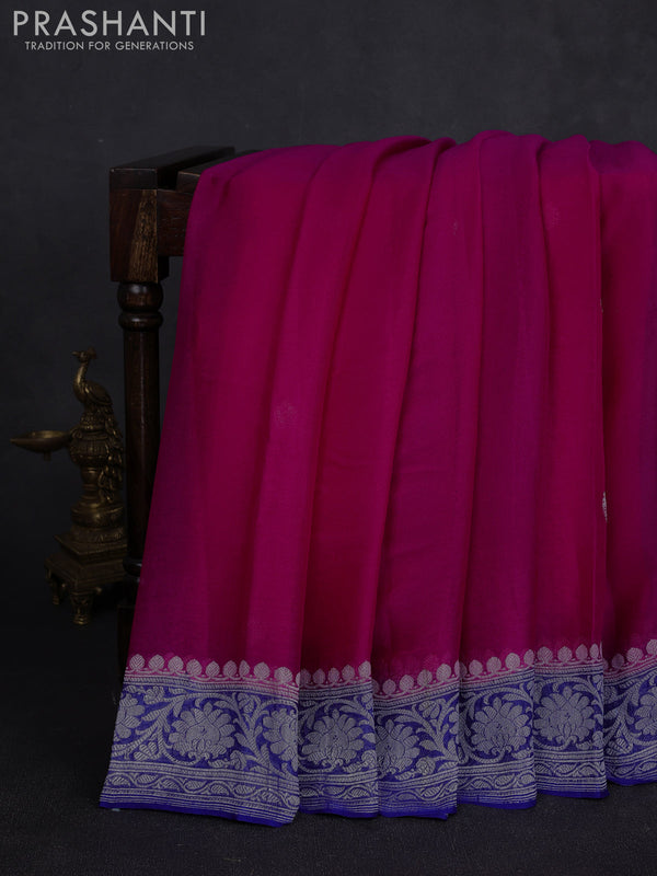 Banarasi chiffon saree pink and royal blue with allover silver zari woven buttas and silver zari woven floral border