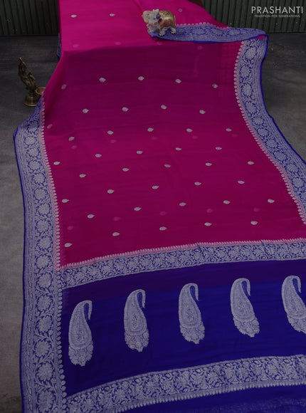 Banarasi chiffon saree pink and royal blue with allover silver zari woven buttas and silver zari woven floral border