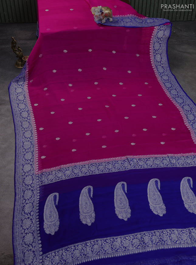 Banarasi chiffon saree pink and royal blue with allover silver zari woven buttas and silver zari woven floral border