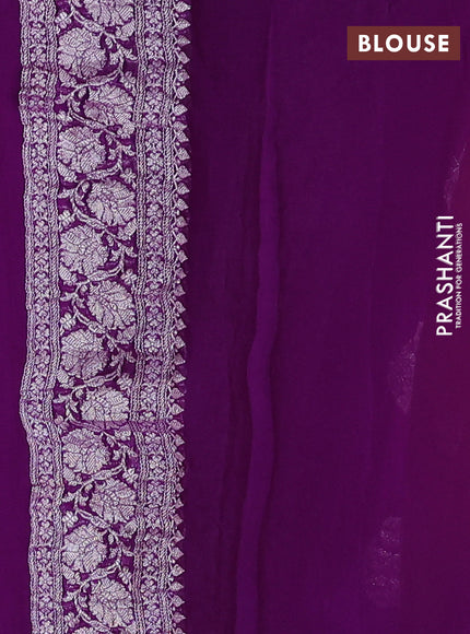Banarasi chiffon saree yellow and purple with allover silver zari woven buttas and silver zari woven floral border