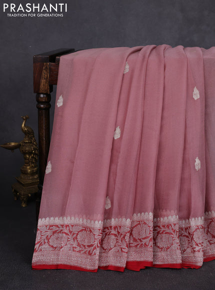 Banarasi chiffon saree dark peach and red with allover silver zari woven buttas and silver zari woven floral border