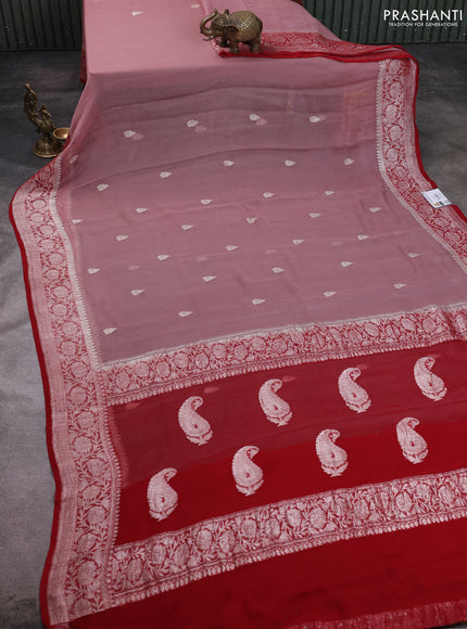 Banarasi chiffon saree dark peach and red with allover silver zari woven buttas and silver zari woven floral border