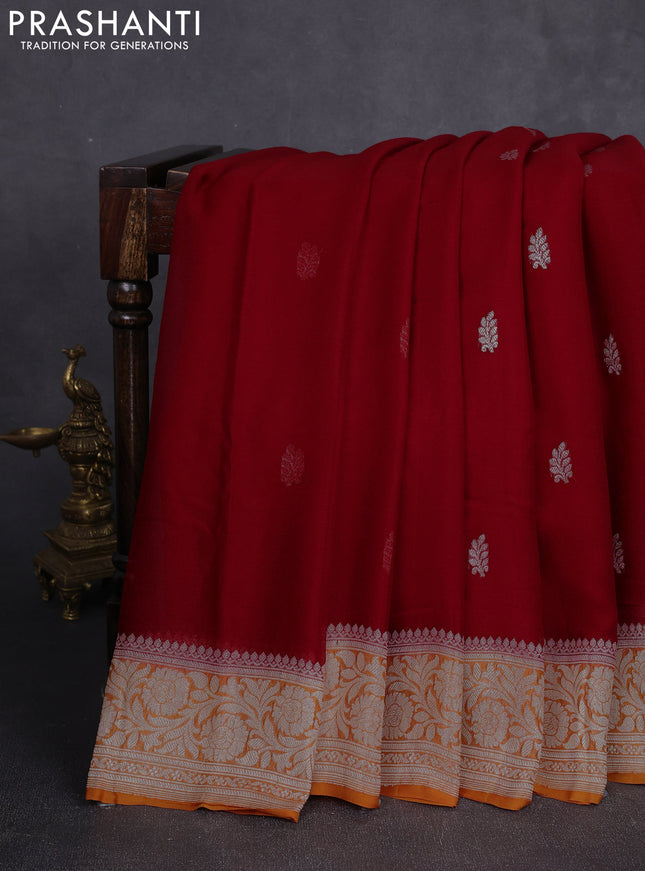 Banarasi chiffon saree red and orange with allover silver zari woven buttas and silver zari woven floral border