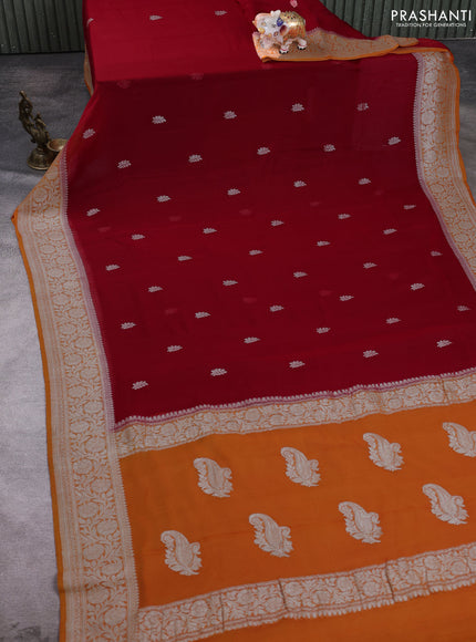 Banarasi chiffon saree red and orange with allover silver zari woven buttas and silver zari woven floral border