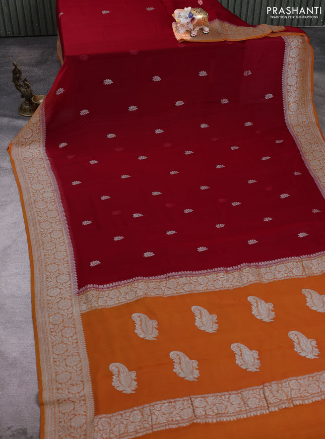 Banarasi chiffon saree red and orange with allover silver zari woven buttas and silver zari woven floral border