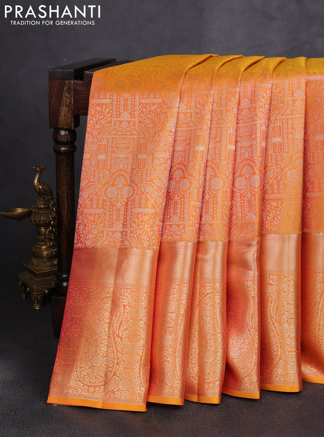 Pure kanchipuram silk saree mango yellow with allover zari woven brocade weaves and long rich zari woven border