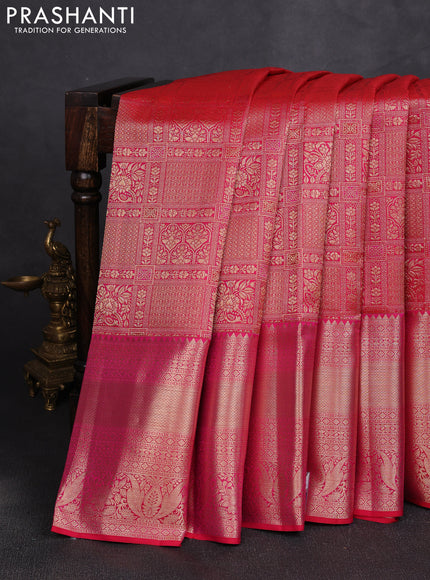 Pure kanchipuram silk saree tomato pink with allover zari woven brocade weaves and long rich zari woven border