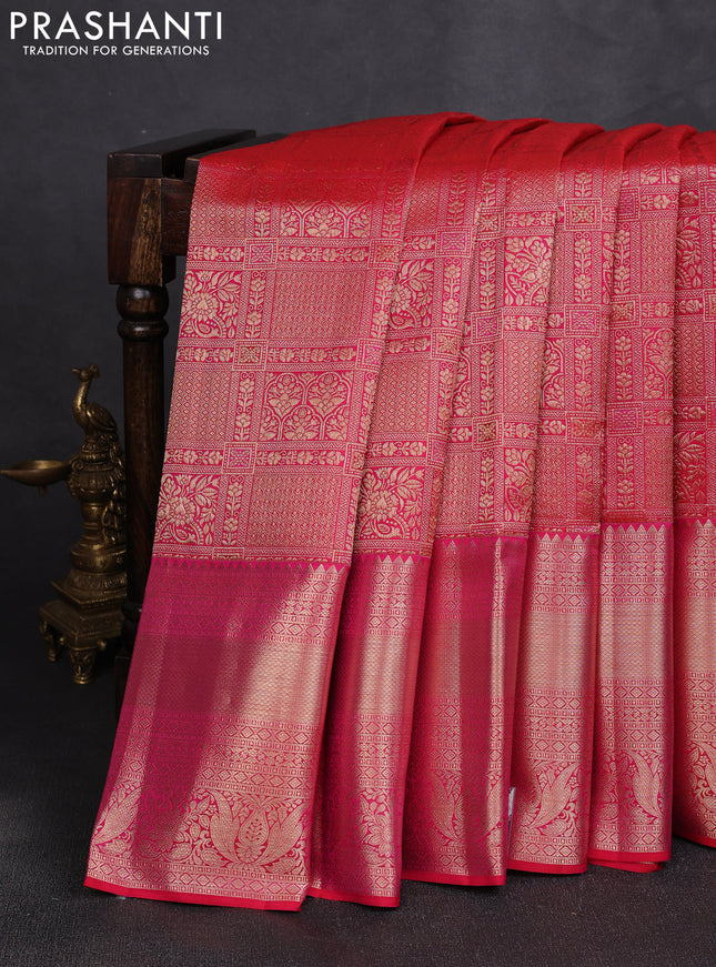 Pure kanchipuram silk saree tomato pink with allover zari woven brocade weaves and long rich zari woven border