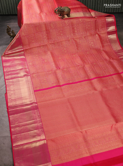 Pure kanchipuram silk saree tomato pink with allover zari woven brocade weaves and long rich zari woven border