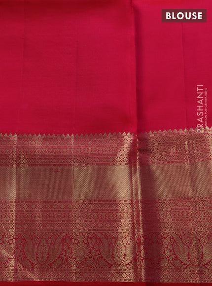 Pure kanchipuram silk saree tomato pink with allover zari woven brocade weaves and long rich zari woven border