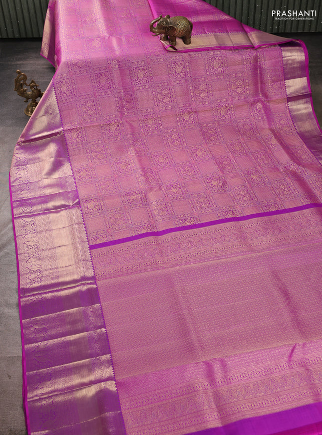 Pure kanchipuram silk saree pink with allover zari woven brocade weaves and long rich zari woven border