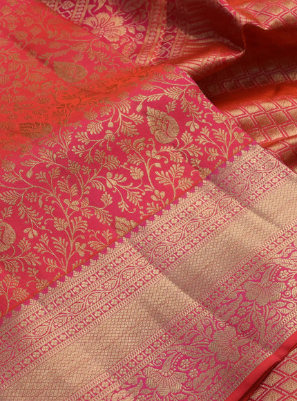 Pure kanchipuram silk saree dual shade of pinkish orange with allover zari woven brocade weaves and rich zari woven border