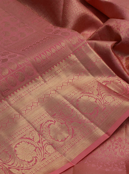 Pure kanchipuram silk saree peach pink with allover zari woven brocade weaves and rich zari woven border