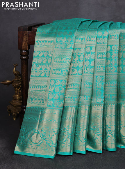 Pure kanchipuram silk saree teal green with allover zari woven brocade weaves and rich zari woven border