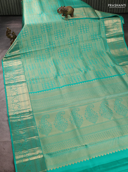Pure kanchipuram silk saree teal green with allover zari woven brocade weaves and rich zari woven border