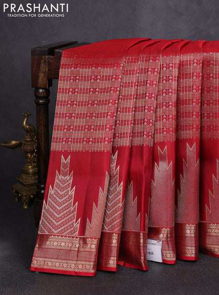 Pure kanchipuram silk saree red with allover small checks & buttas and long temple zari woven buttas