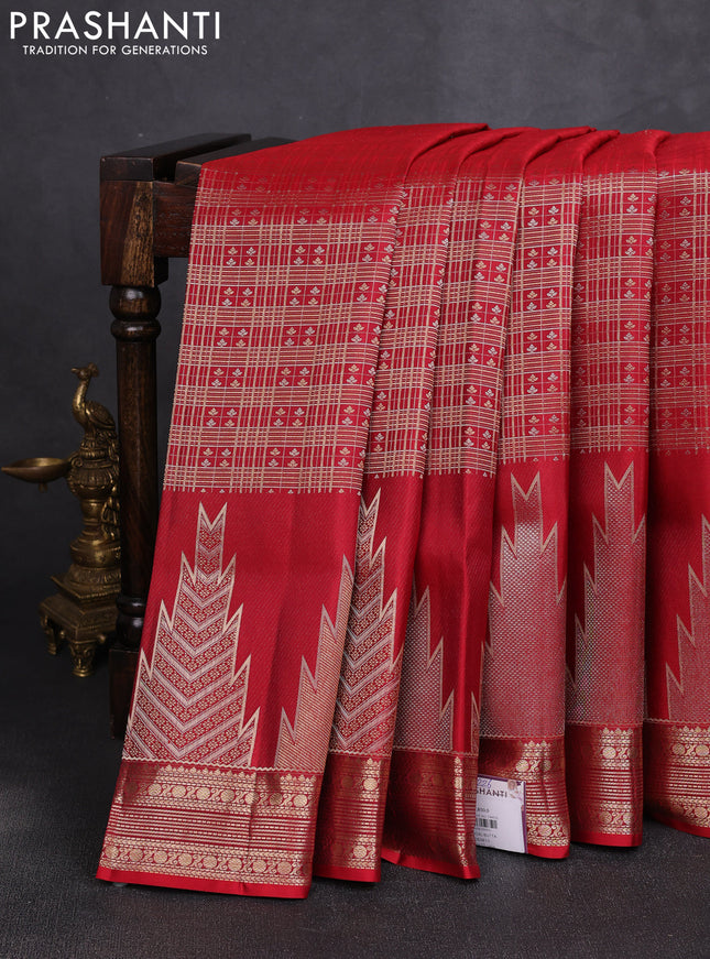 Pure kanchipuram silk saree red with allover small checks & buttas and long temple zari woven buttas