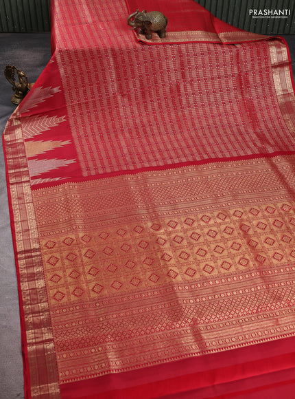 Pure kanchipuram silk saree red with allover small checks & buttas and long temple zari woven buttas
