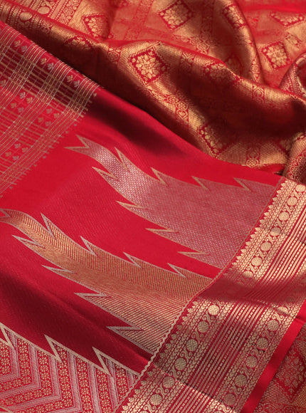 Pure kanchipuram silk saree red with allover small checks & buttas and long temple zari woven buttas