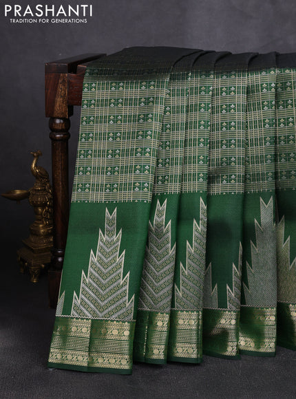 Pure kanchipuram silk saree bottle green with allover small checks & buttas and long temple zari woven buttas