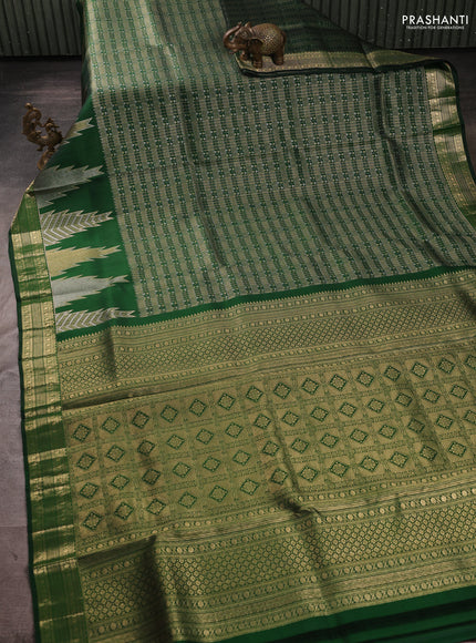 Pure kanchipuram silk saree bottle green with allover small checks & buttas and long temple zari woven buttas