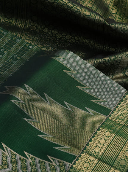 Pure kanchipuram silk saree bottle green with allover small checks & buttas and long temple zari woven buttas