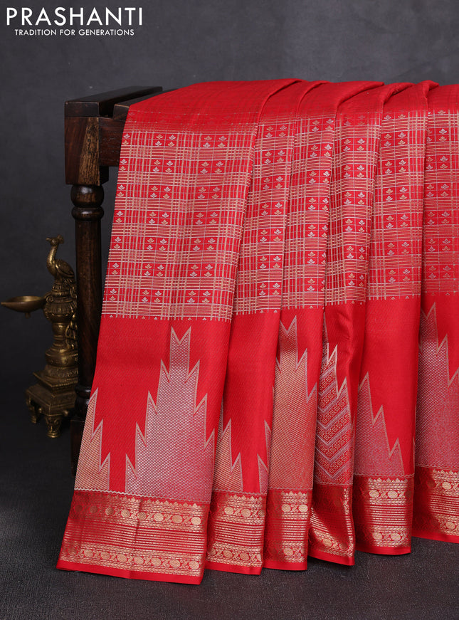 Pure kanchipuram silk saree red with allover small checks & buttas and long temple zari woven buttas