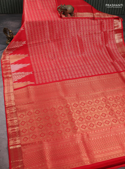 Pure kanchipuram silk saree red with allover small checks & buttas and long temple zari woven buttas