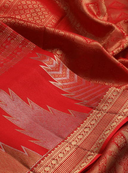 Pure kanchipuram silk saree red with allover small checks & buttas and long temple zari woven buttas