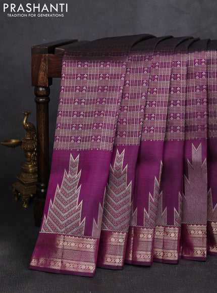 Pure kanchipuram silk saree deep violet with allover small checks & buttas and long temple zari woven buttas