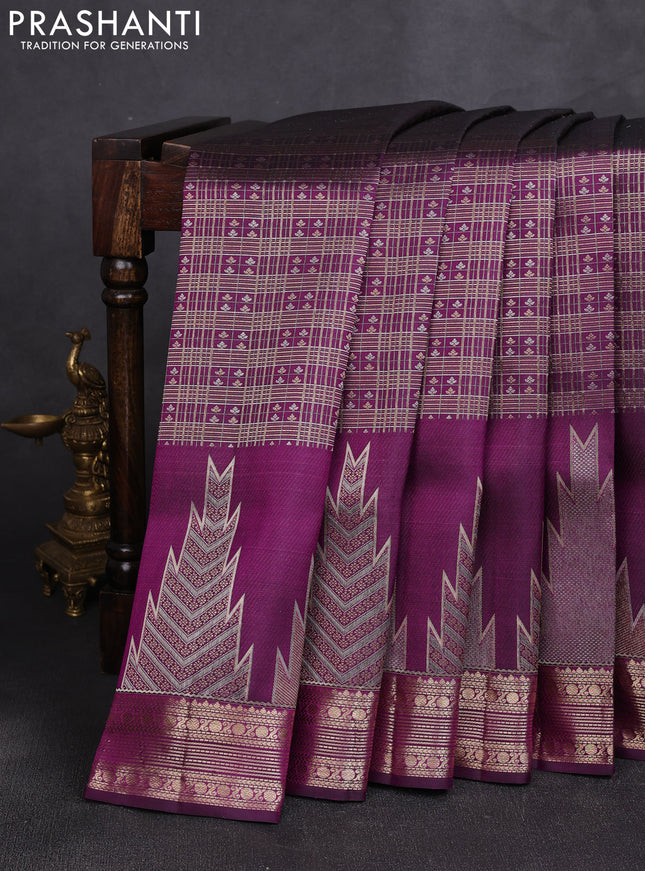 Pure kanchipuram silk saree deep violet with allover small checks & buttas and long temple zari woven buttas