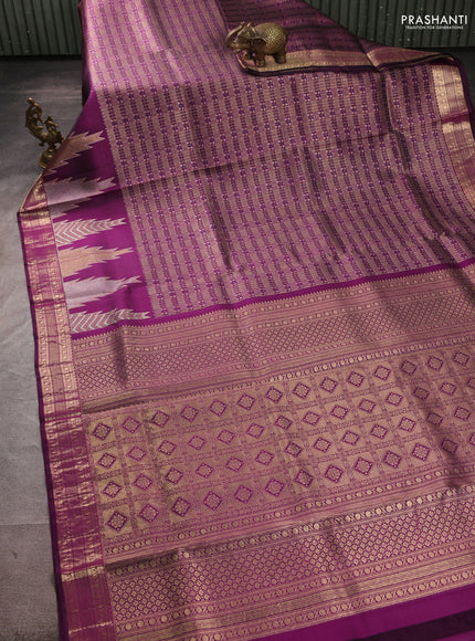 Pure kanchipuram silk saree deep violet with allover small checks & buttas and long temple zari woven buttas
