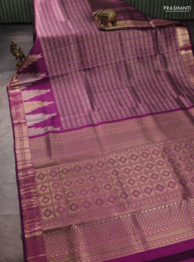 Pure kanchipuram silk saree deep violet with allover small checks & buttas and long temple zari woven buttas