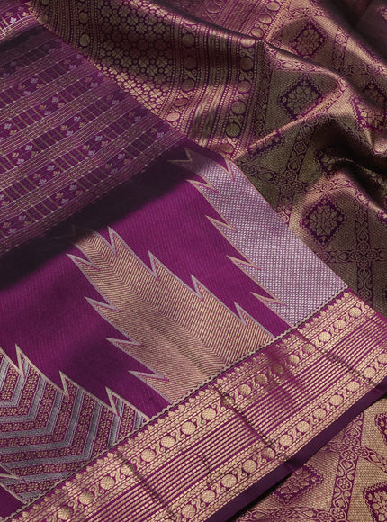 Pure kanchipuram silk saree deep violet with allover small checks & buttas and long temple zari woven buttas