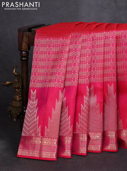 Pure kanchipuram silk saree tomato pink with allover small checks & buttas and long temple zari woven buttas