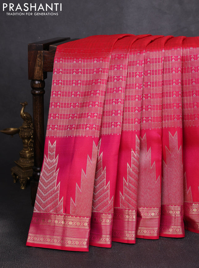Pure kanchipuram silk saree tomato pink with allover small checks & buttas and long temple zari woven buttas