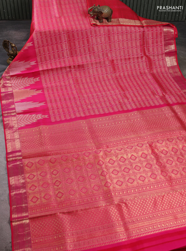Pure kanchipuram silk saree tomato pink with allover small checks & buttas and long temple zari woven buttas