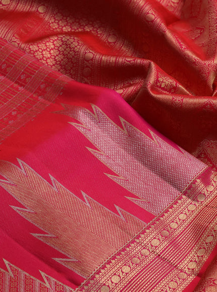 Pure kanchipuram silk saree tomato pink with allover small checks & buttas and long temple zari woven buttas