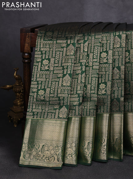 Pure kanchipuram silk saree bottle green with allover zari woven brocade weaves and rich zari woven border