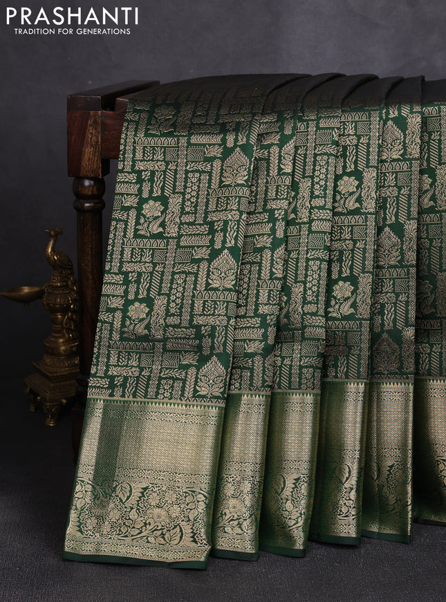 Pure kanchipuram silk saree bottle green with allover zari woven brocade weaves and rich zari woven border