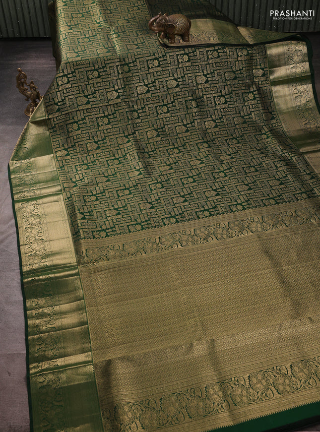 Pure kanchipuram silk saree bottle green with allover zari woven brocade weaves and rich zari woven border