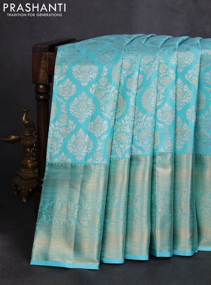 Pure kanchipuram silk saree teal blue with allover zari woven brocade weaves and long rich zari woven border