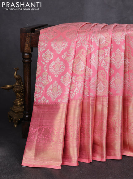 Pure kanchipuram silk saree peach pink with allover zari woven brocade weaves and long rich zari woven border