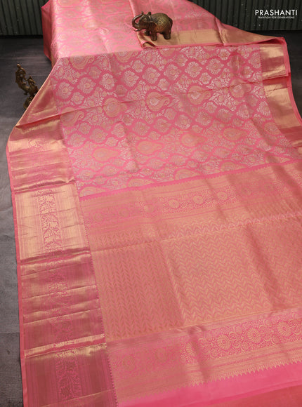 Pure kanchipuram silk saree peach pink with allover zari woven brocade weaves and long rich zari woven border
