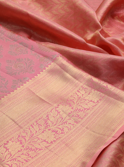 Pure kanchipuram silk saree peach pink with allover zari woven brocade weaves and long rich zari woven border
