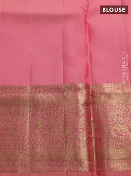 Pure kanchipuram silk saree peach pink with allover zari woven brocade weaves and long rich zari woven border